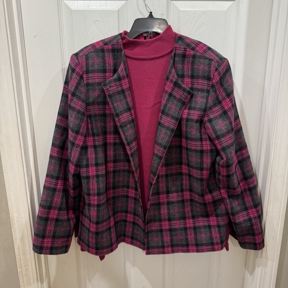 VTG 2 PC Joan Leslie Wool Blend Blazer & Sweater Sz 16/XL Fucia Plaid 90s